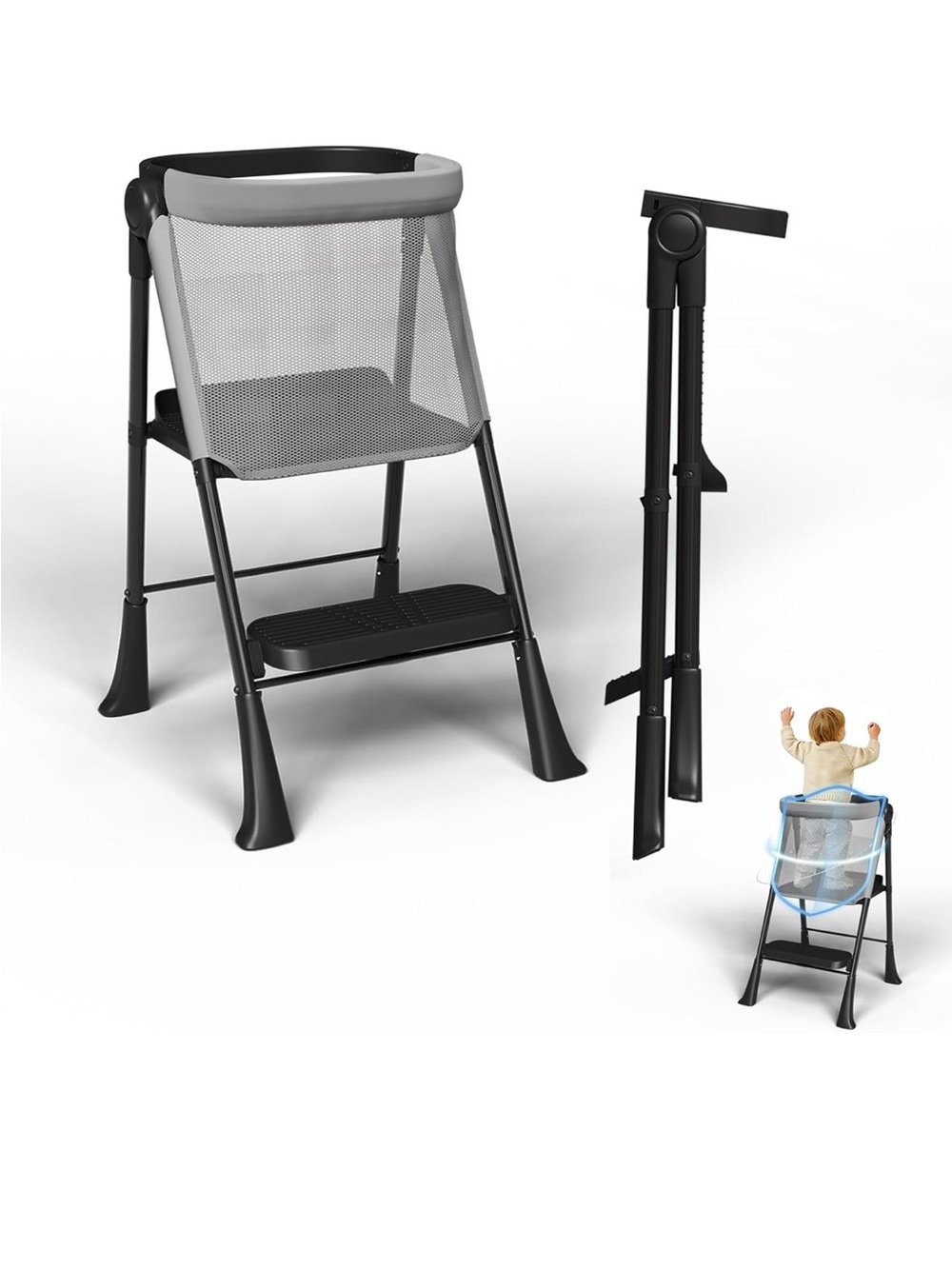 Toddler Tower Foldable Kitchen Helper w/ Safety Net Black/White